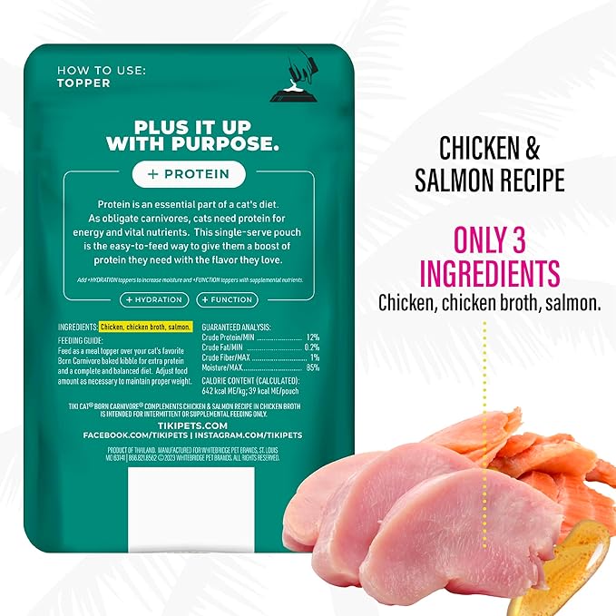 Tiki Cat Born Carnivore Complements Wet Cat Food Topper, Chicken & Salmon 2.1 oz. Pouch (12 Count)