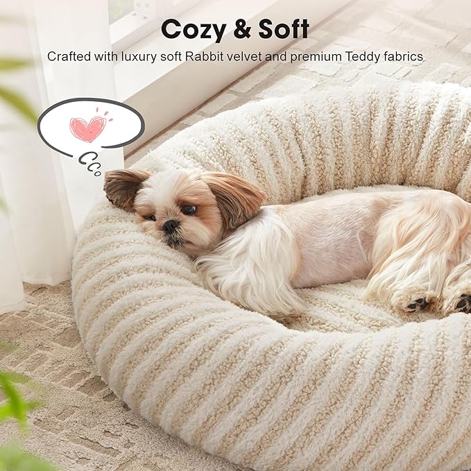 MIXJOY Dog Bed Medium Size Dogs, Washable Medium Dogs Bed with Removable Cover, Cozy Donut Dog Ded Fluffy Plush Faux Fur Pet Bed with Anti-Slip Bottom, 30"x30"x8", White