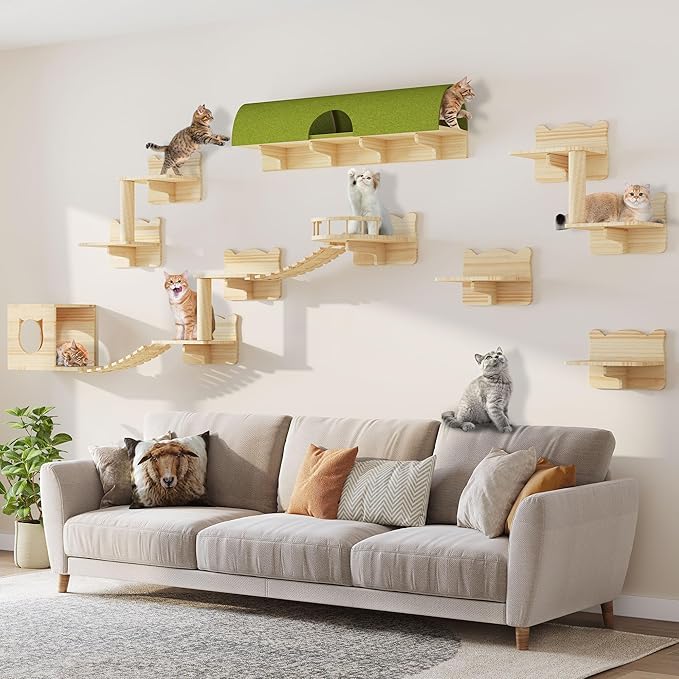 Cat Wall Shelves, 16-in-1 Solid Wood Wall-Mounted Cats Furniture Set with Scratching Post, Cat Climbing Wall Systems with 40''L Tunnel, Step, Condo, House, Bridge Ladder, Cats Shelf Furniture