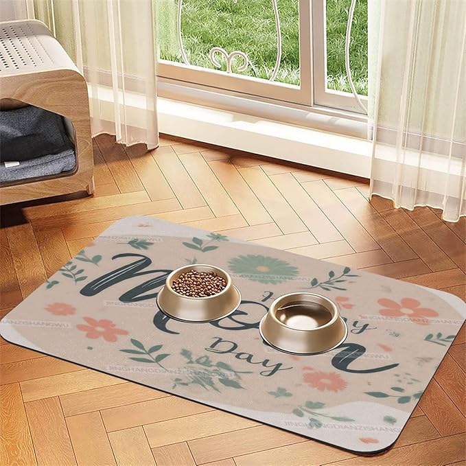 Absorbent Dog Water Cat Mat for Food Water Bowl Quick Dry Happy Mother's Day Floral Gift for Mom Ji Pet Feeding Mats No Stains Dog Food Mat Pet Accessories Supplies Cat Bowl Mats 18X12In