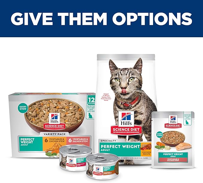 Hill's Science Diet Adult 1-6 Perfect Weight Wet Cat Food, Variety Pack: Chicken & Vegetables, Salmon & Vegetables Stew, 2.8 oz. Pouch, 12-Pack