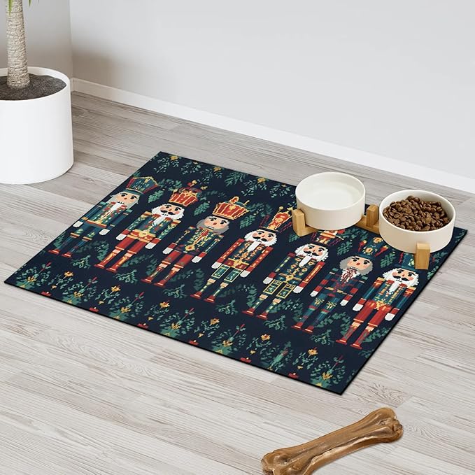 Christmas Nutcrackers Dog Food Mat for Floors Absorbent, Quick Dry Water Dispenser Mat for Food, Water, Pet Supplies 12" x 20", Green Holly