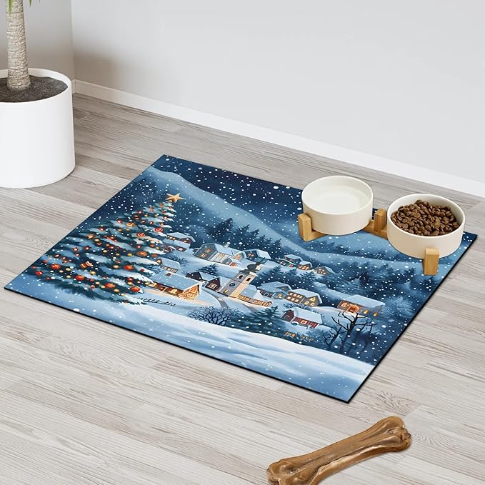 Snowy Countryside Dog Food Mat for Floors Absorbent, Quick Dry Water Dispenser Mat for Food, Water, Pet Supplies 24" x 32", Merry Christmas