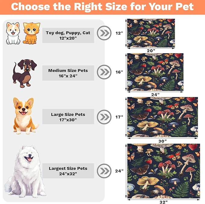 Autumn Mushrooms Dog Food Mat for Floors Absorbent Dog Bowl Mat for Food and Water Dispenser Quick Dry Cat Food Placemat Pet Supplies 24" x 32", Boho Leaves