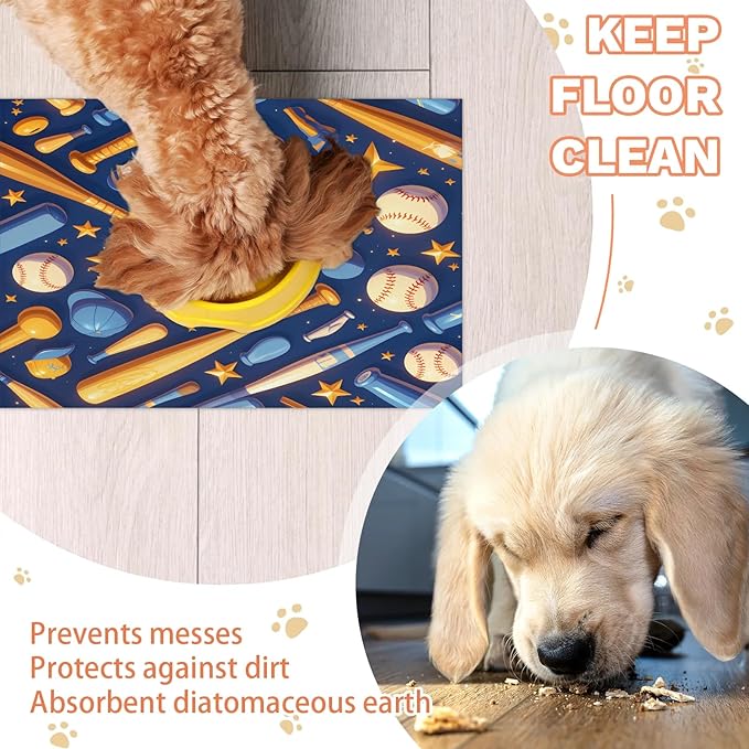 Baseball Dog Food Mat for Floors Absorbent, Quick Dry Water Dispenser Mat for Food, Water, Pet Supplies 17" x 30", USA
