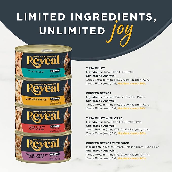 Reveal Natural Wet Canned Cat Food, 4-Flavor Variety Pack, Limited Ingredient, Grain Free, High Protein with No Artificial Additives, Fish and Chicken Variety in Broth (12 x 2.47 oz Cans)