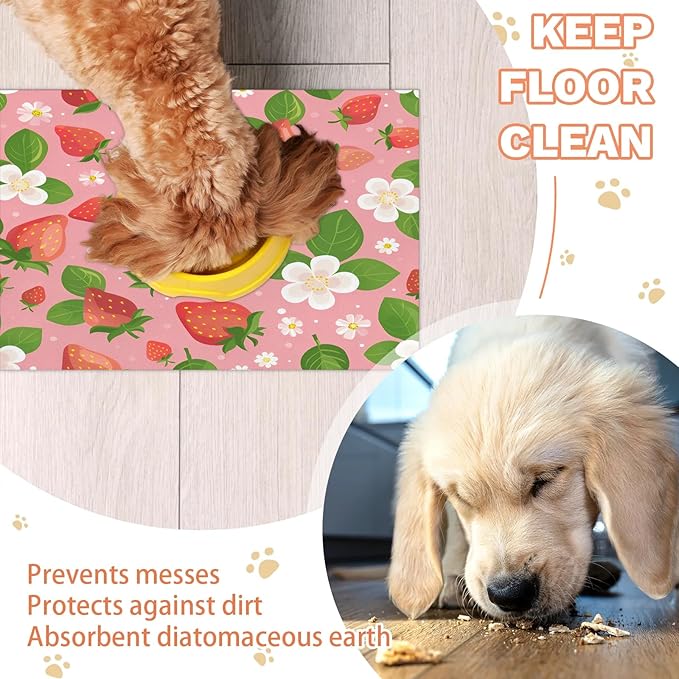 Cute Strawberry Dog Food Mat for Floors Absorbent Dog Bowl Mat for Food and Water Dispenser Quick Dry Cat Food Placemat Pet Supplies 17" x 30", Fruit Floral