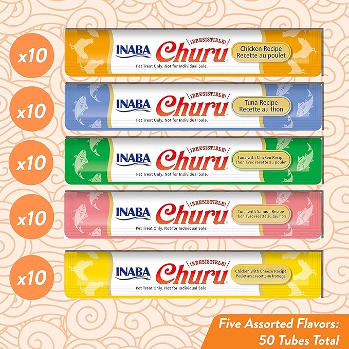 INABA Churu Cat Treats, Grain-Free, Lickable, Squeezable Creamy Purée Cat Treat/Topper with Vitamin E & Taurine, 0.5 Ounces Each Tube, 50 Tubes, Tuna & Chicken Variety