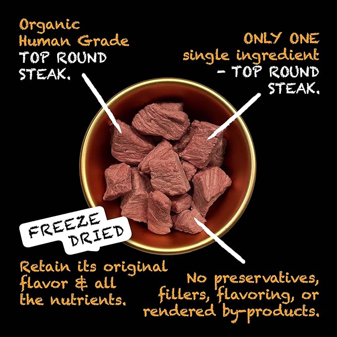 SIMBA'S WAY - Freeze Dried TOP Round Steak. Dog Treats, Organic Human Grade, Single Ingredient, All Natural, No Preservatives, Made in The USA, USDA Grade. [ 3 .oz ] [ 1 Pack ]