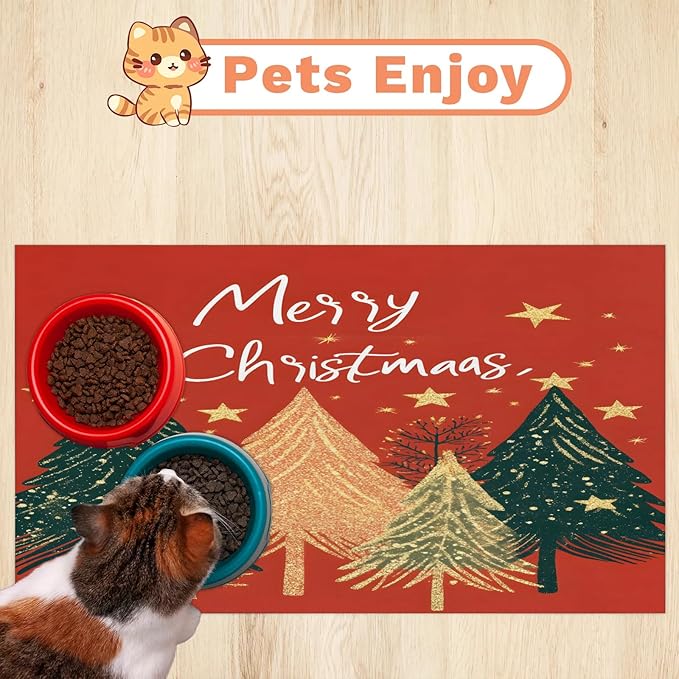 Merry Christmas Dog Food Mat for Floors Absorbent, Quick Dry Water Dispenser Mat for Food, Water, Pet Supplies 24" x 32", Christmas Tree