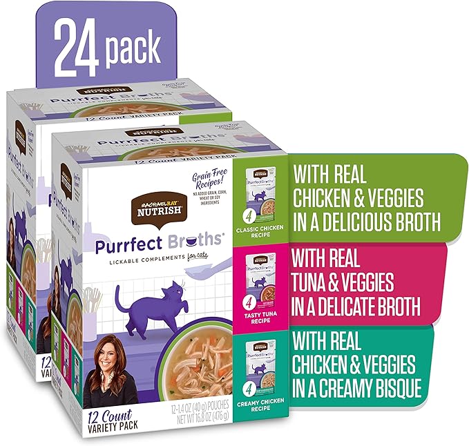 Nutrish Rachael Ray Purrfect Broths Wet Cat Food, Variety Pack, 1.4 Ounce Pouch, Grain Free, (Pack of 48)