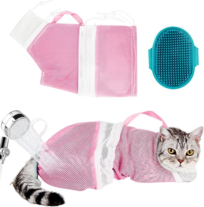 Cat Grooming Washing Bag - Adjustable Pet Shower Brush & Mesh Bag - Anti Scratch, Anti Bite, Soft, Durable for Cats & Dogs - Restraint Grooming, Nail Trimming, Washing