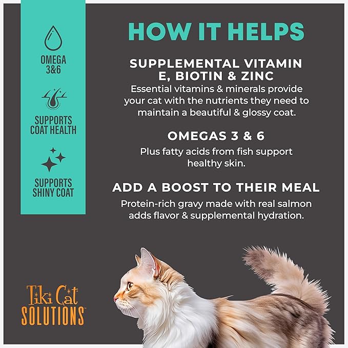 Tiki Cat Solutions Topper, Skin + Coat, Salmon Recipe in Broth, 1.5 oz. Pouch (12 Count)