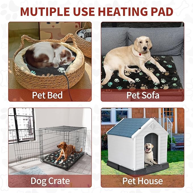 Puppy Heating Pad 28x18 in with Smart Thermostat Switch and Power Line Protection Tube,Obtained MET and UL Dual Certification,Waterproof Pet Heating Pad for Dogs with Plush Fabric Cover-Black