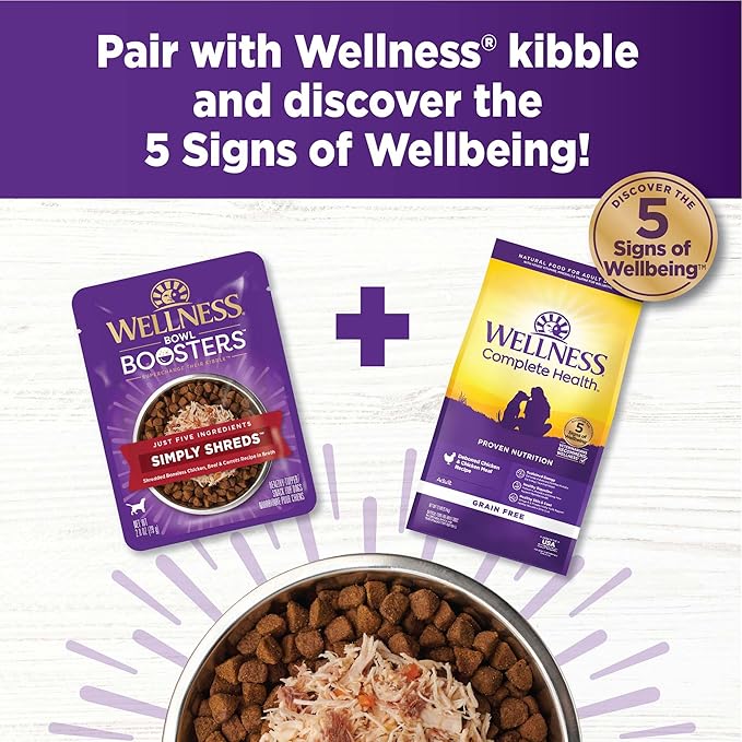 Wellness Bowl Boosters Simply Shreds Wet Dog Food Topper for Small, Medium, & Large Breeds, Grain Free, Natural, Tuna, Beef & Carrots, 2.8 Ounce Pouch (Pack of 12)