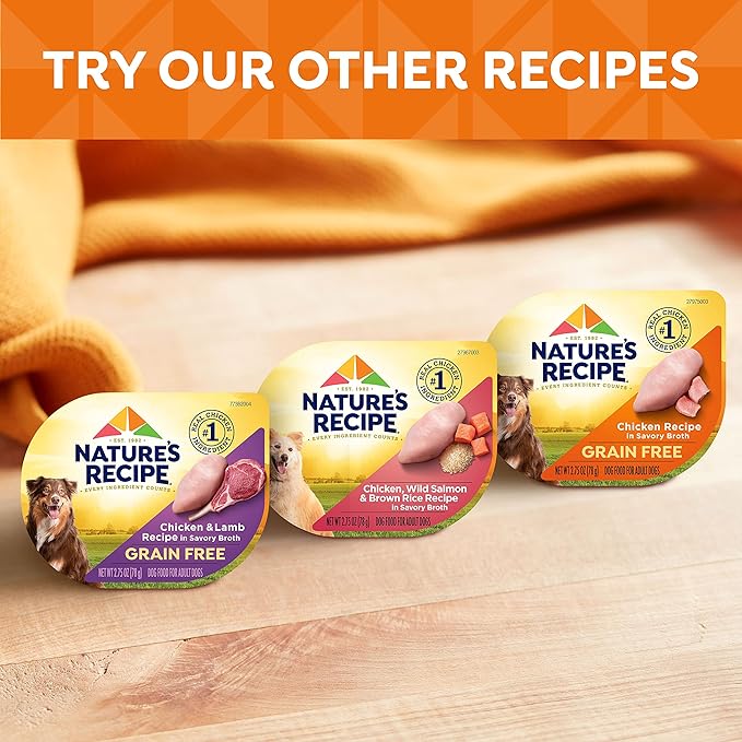 Nature's Recipe Grain Free Wet Dog Food Variety Pack, Chicken Recipes with Beef, Turkey & Lamb in Savory Broth, 2.75 oz. Cups (Pack of 24), 2 Count