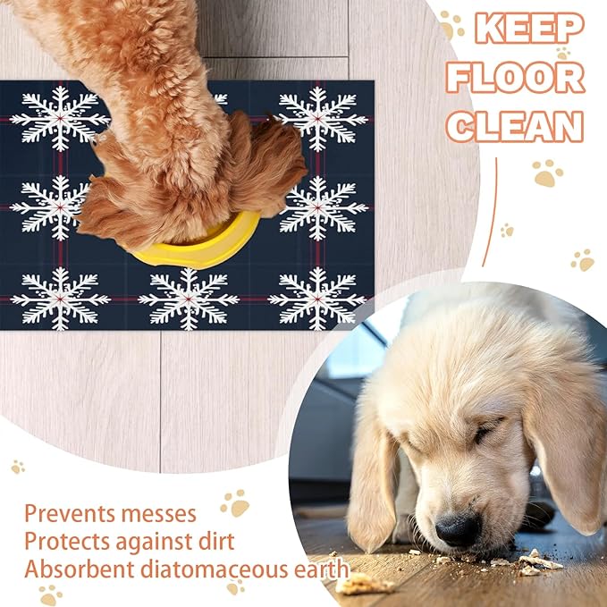 Xmas Winter Snowflake Dog Food Mat for Floors Absorbent, Quick Dry Water Dispenser Mat for Food, Water, Pet Supplies 17" x 30",