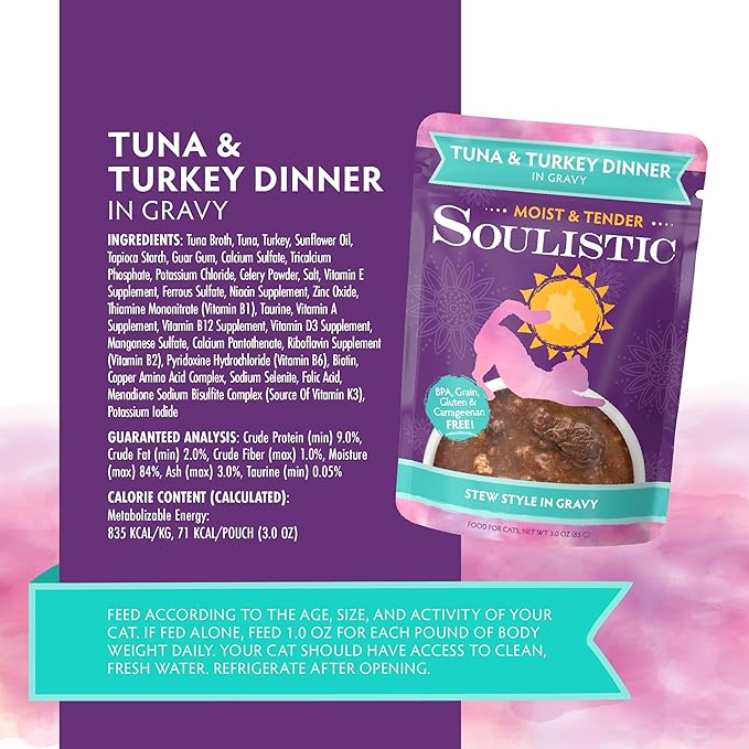Soulistic Moist and Tender, Tuna and Turkey Dinner in Gravy, 3oz Pouch, Pack of 8