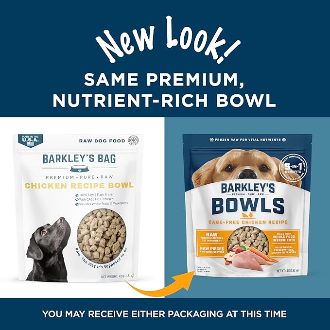 Barkley’s Bowls, Frozen Raw Chicken Dog Food, Fresh Whole Food Ingredients with Cage-Free Chicken, Grain Free, High Protein for Balanced Nutrition, Frozen Meals, Human Grade Ingredients, 4 lb (6 Pack)