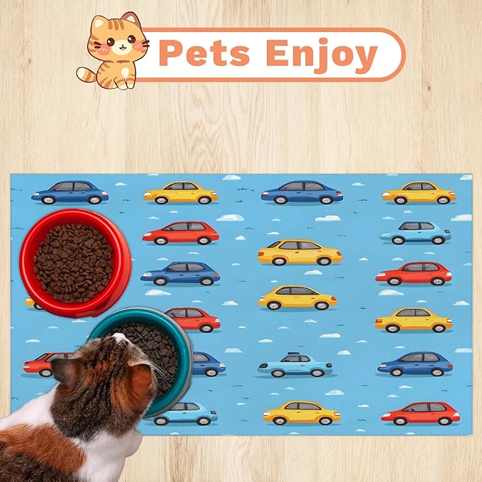 Cartoon Car Dog Food Mat for Floors Absorbent, Quick Dry Water Dispenser Mat for Food, Water, Pet Supplies 24" x 32", Transportation Taxi
