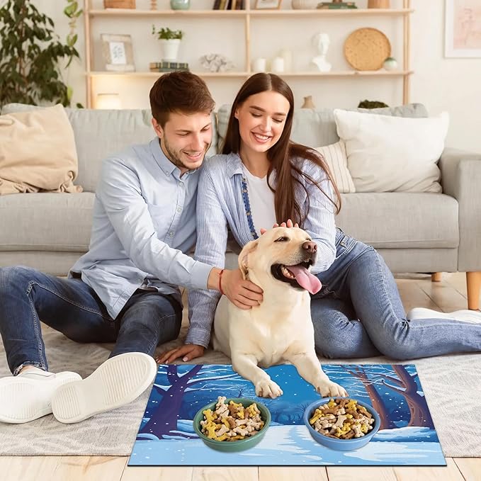 Winter Forest Dog Food Mat for Floors Absorbent, Quick Dry Water Dispenser Mat for Food, Water, Pet Supplies 17" x 30", White Snowy