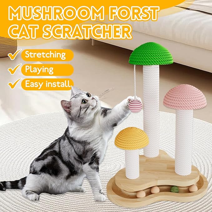 Cat Scratching Post,Mushroom Forest Cat Scratcher with Natural Sisal&Hanging Toy Ball-Durable Kitten Supplies & Adult Cat Furniture Protector(11.80"×11.80"×17.32")