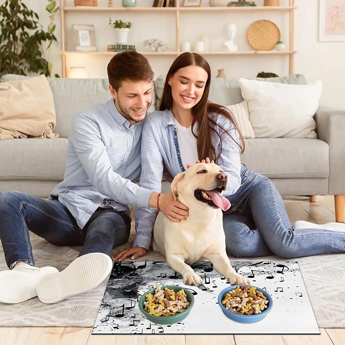 Musical Notes Dog Food Mat for Floors Absorbent Dog Bowl Mat for Food and Water Dispenser Quick Dry Cat Food Placemat Pet Supplies 16" x 24", Black Music Note