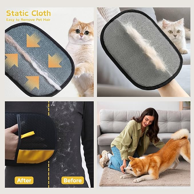 Multifunction 4 in 1 Pet Hair Remover Brush & Electrostatic Grooming Glove | Reusable Cat & Dog Fur Remover for Carpet,Furniture & Clothing | Washable Travel-Friendly Double Cleaning Set | Generic