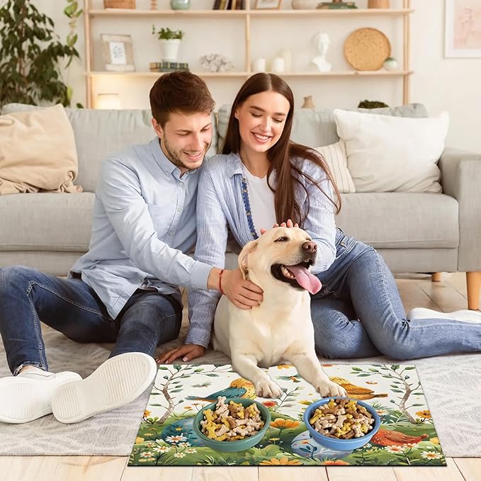 Easter Eggs Dog Food Mat for Floors Absorbent Dog Bowl Mat for Food and Water Dispenser Quick Dry Cat Food Placemat Pet Supplies 12" x 20", Floral Bird