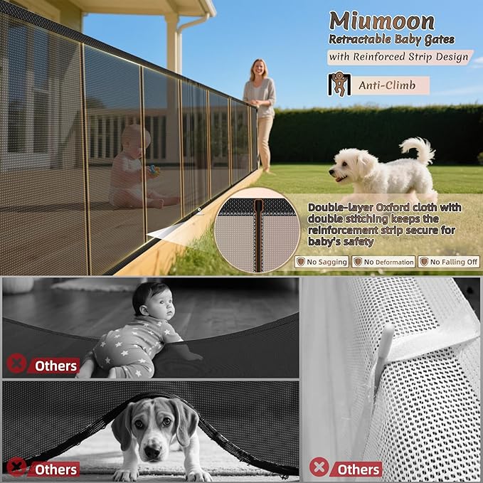 150 inch Retractable Baby Gates 42 inch Tall, Retractable Gate with Reinforced Strip Design to Prevent Crawling Through, 12 FT Extra Wide Retractable Dog Gate for Indoor/Outdoor