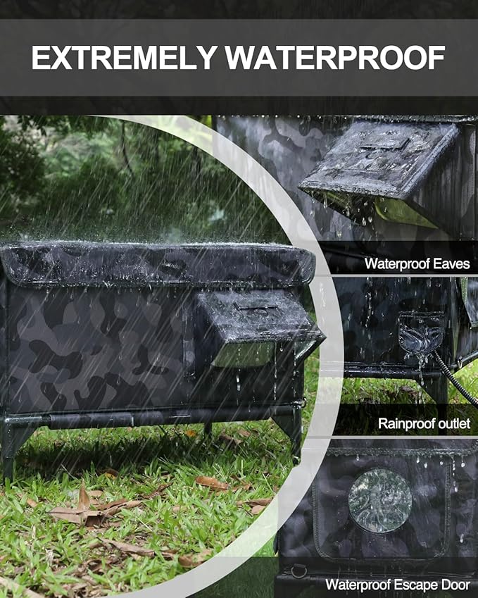 Heated Cat House for Outside,Dual Camera Mounts,100% Weatherproof & Extremely Insulated,Elevated Feral Cat Shelter with Escape Door,Waterproof Eaves for Outdoor Stray Barn Cat(Dark Camo,L)