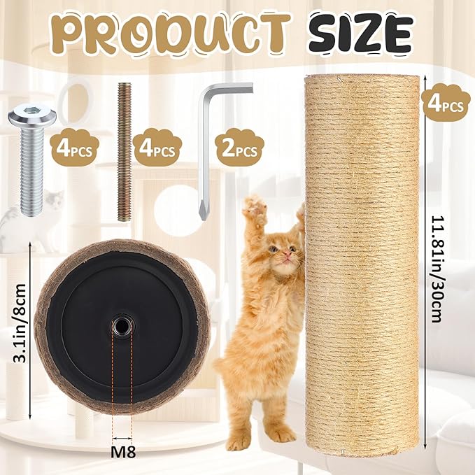 4 Pcs M8 Cat Scratching Post Replacement 11.8x3.5'' Sisal Pole Cat Tree Climbing Post Replacement with Screw, Refill Scratcher Pole for Indoor Kitten Tree Tower Spare Pet Furniture Protector