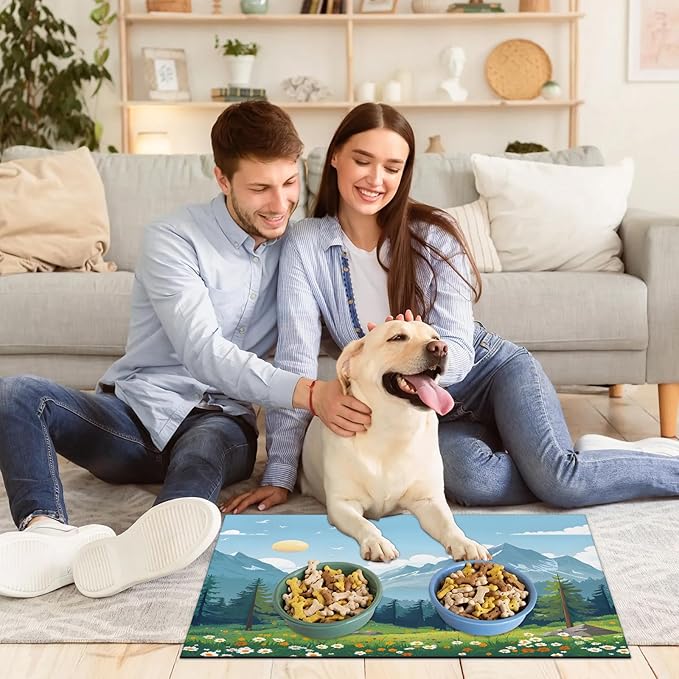 Mountain Dog Food Mat for Floors Absorbent, Quick Dry Water Dispenser Mat for Food, Water, Pet Supplies 12" x 20", Woodland