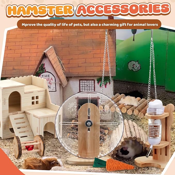 18 Pcs Hamster Toys Set, 10 Kinds Small Animal Chewing Toys, Maze Wood House, Silent Exercise Running Wheels and Water Bottle Set for Hamster Habitat Rat Cage Accessories(Mixed Play Style)
