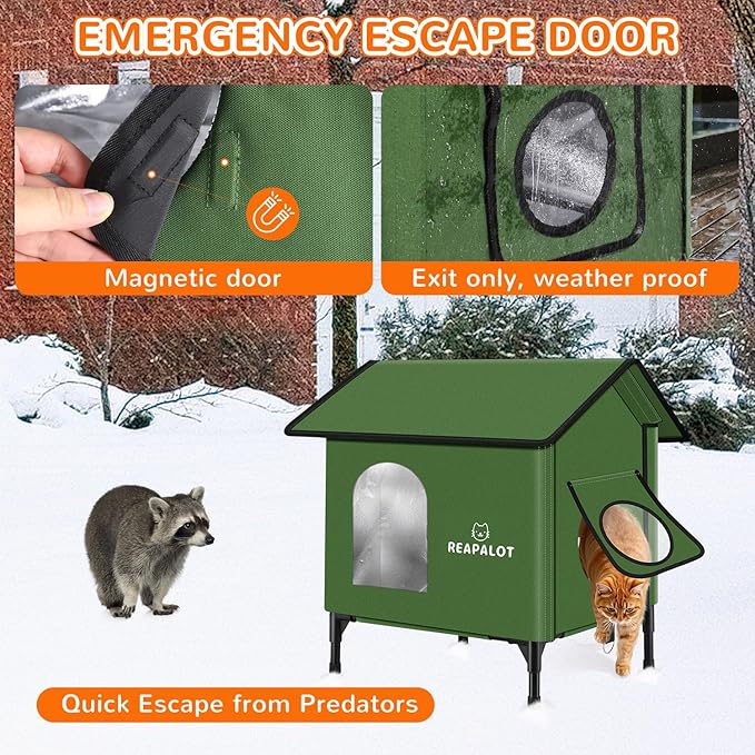 REAPALOT Heated Cat House for Outside Cat in Winter, Insulated Outdoor Feral Cat Shelter with Cat Heating Pad, Elevated Heated Kitty House for Multiple Cats (Green, M(20"x17.5"x23.6"))
