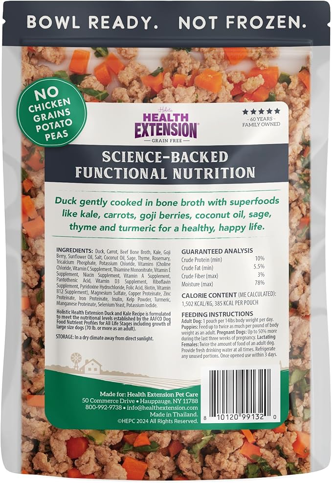 Health Extension Gently Cooked Grain-Free Duck & Kale Dog Food, Human-Grade & Shelf-Stable with Superfoods, Supports Digestion, Immunity, Skin & Coat, 9 oz Pouch (Pack of 5)