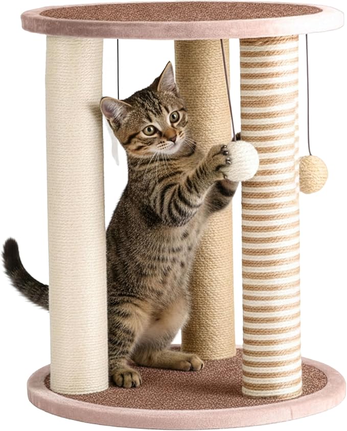 Cat Scratching Post - 3 Scratcher Posts with Carpeted Base Play Area and Perch - Furniture Scratching Deterrent for Indoor Cats by PETMAKER (Brown), Large