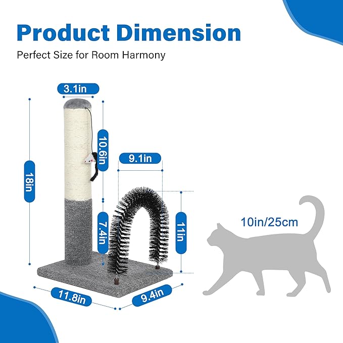 Simple Deluxe Small Cat Scratching Post with Arch Self Groomer, 18 Inches Scratching Post for Indoor Kitten to Adult Cats, Stable Sisal Post with Extra Interactive Dangling Plush Toy, Gray