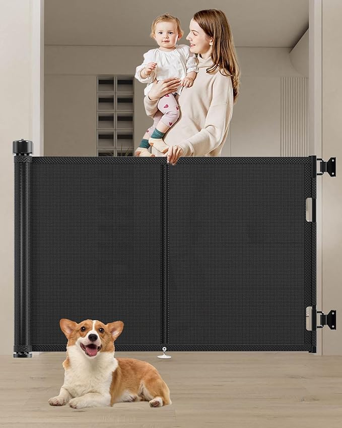59 inch Retractable Baby Gates 34 inch Tall, Retractable Gate with Reinforced Strip Design to Prevent Crawling Through, 5 FT Retractable Dog Gate for Stairs, Doorways, Hallways, Indoor/Outdoor