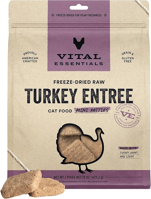 Vital Essentials Freeze Dried Cat Food, Raw Turkey Mini Patties | Complete Meal or Topper | Easy to Portion and Rehydrate | High Protein, Grain Free Dry Cat Food | 15 oz Bag