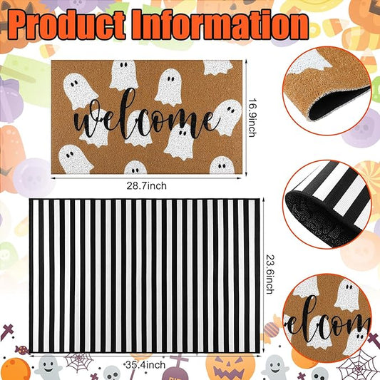 Tinideya 2 Pcs Halloween Welcome Door Mat Ghost Outdoor Welcome Mats for Front Door Non Slip Cute Ghost Coir Floor Mat Black White Stripe Halloween Rug for Outside Front Porch Entryway Decor