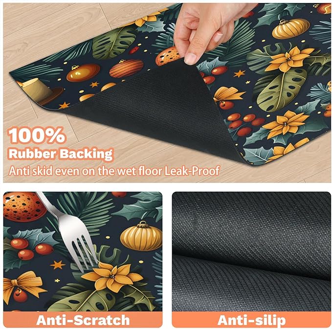 Merry Christmas Dog Food Mat for Floors Absorbent, Quick Dry Water Dispenser Mat for Food, Water, Pet Supplies 17" x 30", Holly Flower