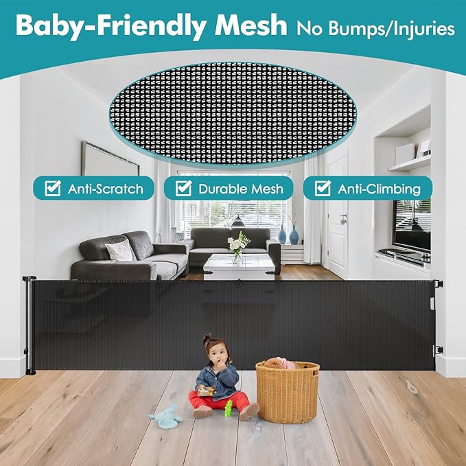 140 Inch Wide Retractable Baby Gates Extra Wide Retractable Dog Gate Outdoor Pet Gate Indoor Extra Long Baby Gate, Dog Gates for Doorways Extra Wide Pet Gate Retractable Fence for Wide Openings Black