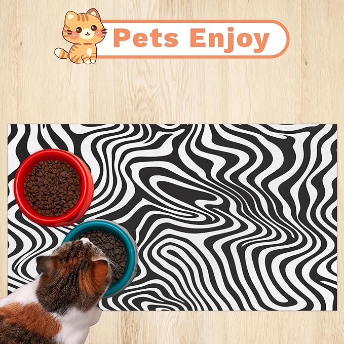 Zebra Print Dog Food Mat for Floors Absorbent Dog Bowl Mat for Food and Water Dispenser Quick Dry Cat Food Placemat Pet Supplies 12" x 20", Black White Striped