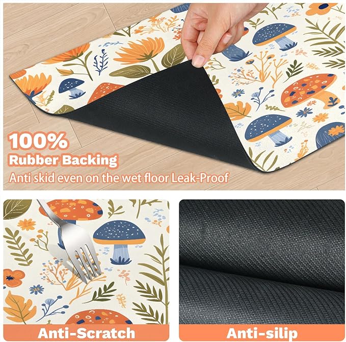 Boho Mushroom Dog Food Mat for Floors Absorbent Dog Bowl Mat for Food and Water Dispenser Quick Dry Cat Food Placemat Pet Supplies 16" x 24", Wildflower