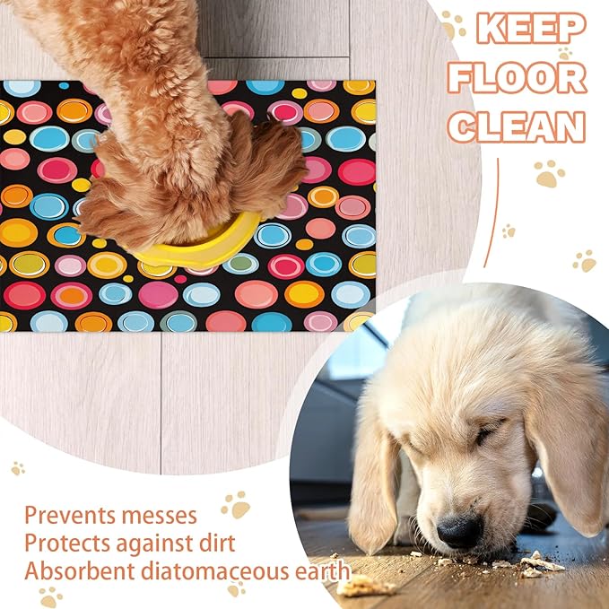 Polka Dot Dog Food Mat for Floors Absorbent Dog Bowl Mat for Food and Water Dispenser Quick Dry Cat Food Placemat Pet Supplies 12" x 20", Colorful Circles