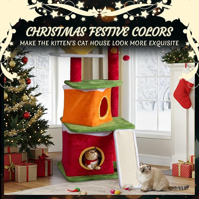 Outvita 48.5in Christmas Themed Plush Cat Tree, Multi-Level Cat Tower with Cat Condos, Top Perch, Sisal Ramp Scratching Board, Large Cat Pet Activity Center for Indoor Cats