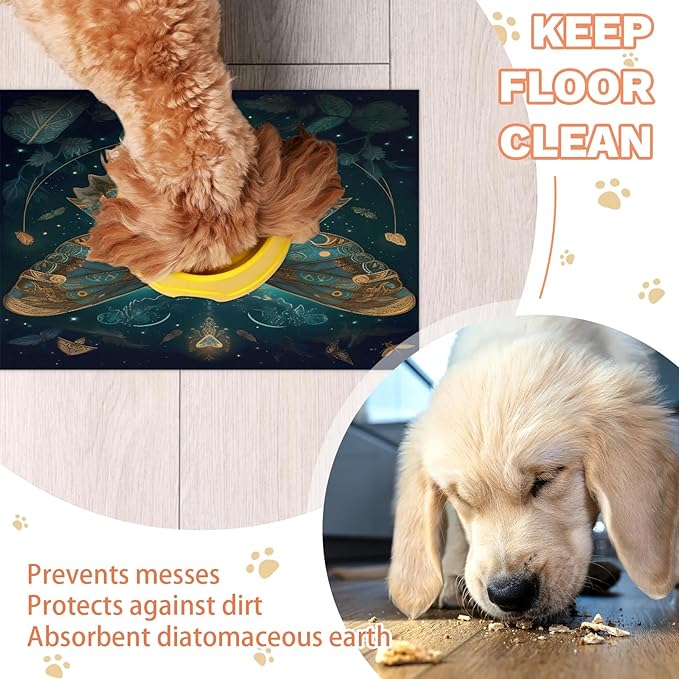 Vintage Butterfly Dog Food Mat for Floors Absorbent, Quick Dry Water Dispenser Mat for Food, Water, Pet Supplies 12" x 20", Boho Butterfly