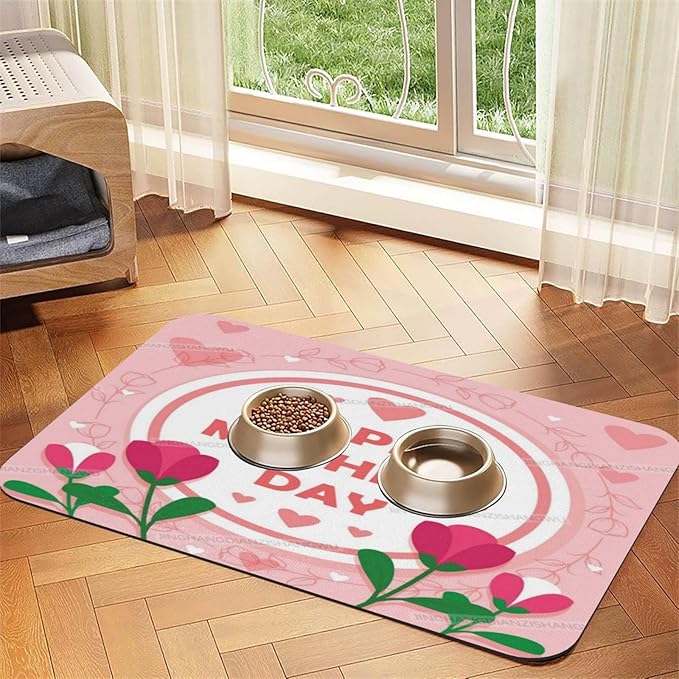 Absorbent Dog Water Cat Mat for Food Water Bowl Quick Dry Happy Mother's Day Floral Gift for Mom Ka Pet Feeding Mats No Stains Dog Food Mat Pet Accessories Supplies Cat Bowl Mats 24x16In