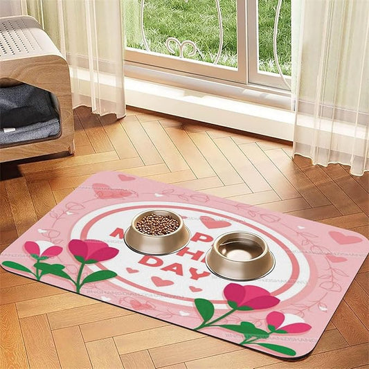 Absorbent Dog Water Cat Mat for Food Water Bowl Quick Dry Happy Mother's Day Floral Gift for Mom Ka Pet Feeding Mats No Stains Dog Food Mat Pet Accessories Supplies Cat Bowl Mats 24x16In